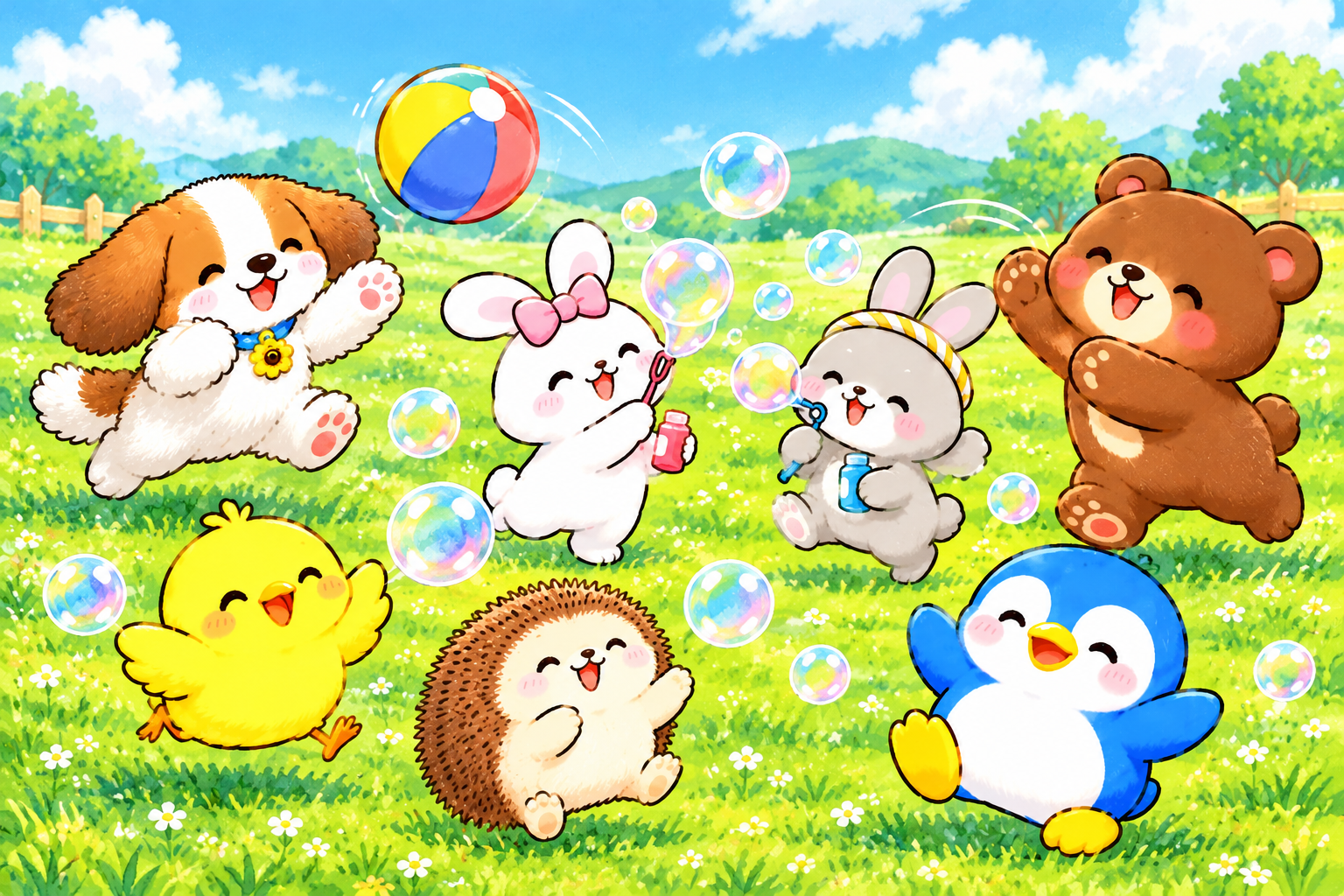 犬、白うさぎ、灰色うさぎ、ひよこ、ハリネズミ、ペンギン、くまが広場でシャボン玉とボールで仲良く遊んでいる絵
